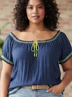 Derek Heart Navy Blue Peasant Blouse Smocked Hem NWOT